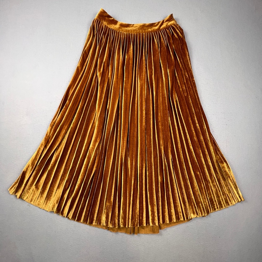 Velvet Pleated Midi Skirt S Gold Holiday Party Boho Cottagecore Grandmacore